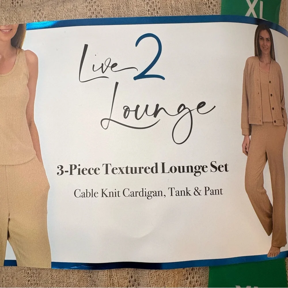 NEW Cozy 3 piece Lounge Set L XL XXL cable knit cardigan tank elastic pant tan